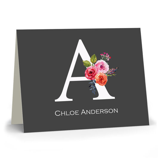 Charcoal Initial Rose Folded Note Cards